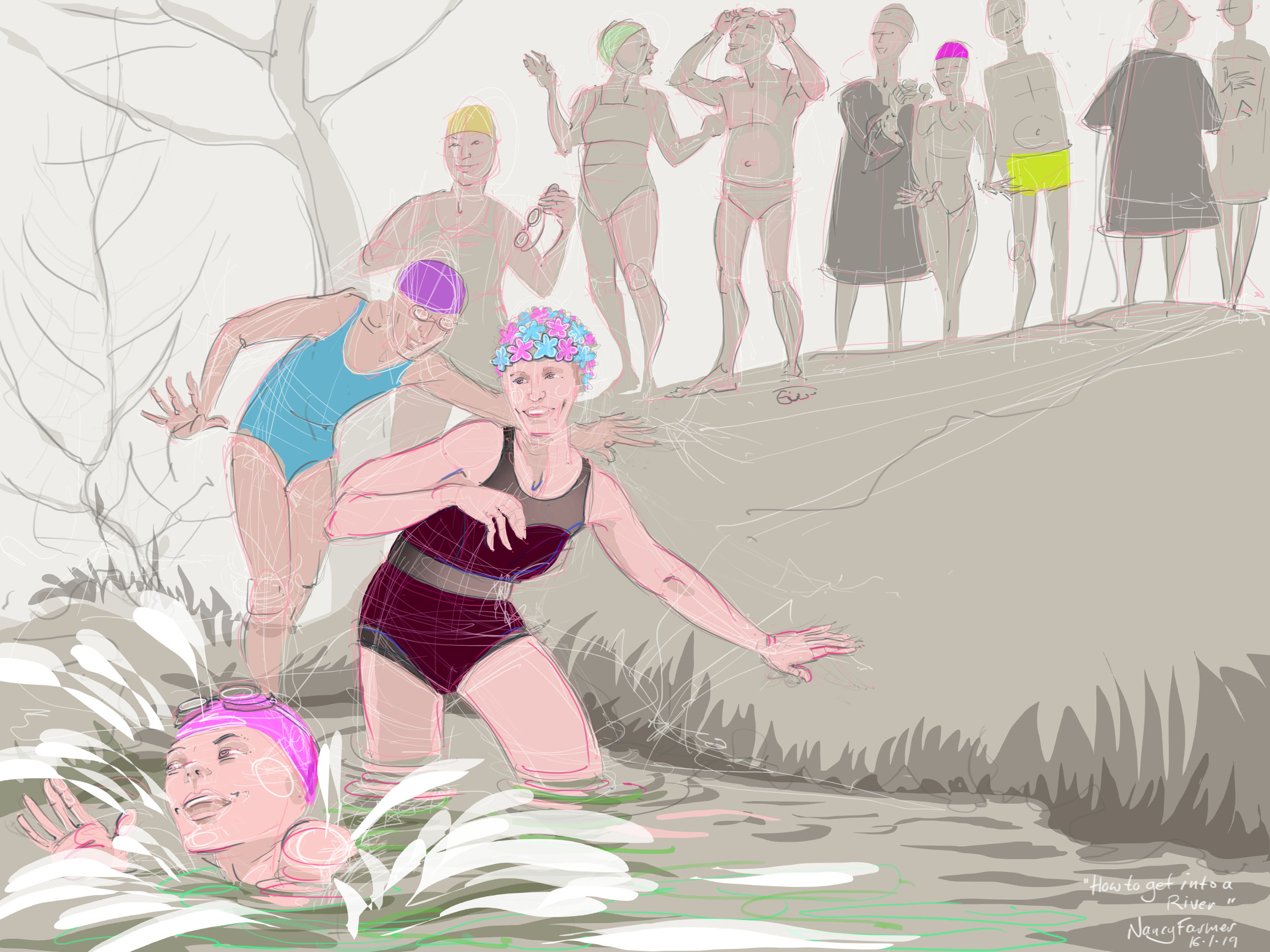 "How to get into a River" - digital drawing by Nancy Farmer
