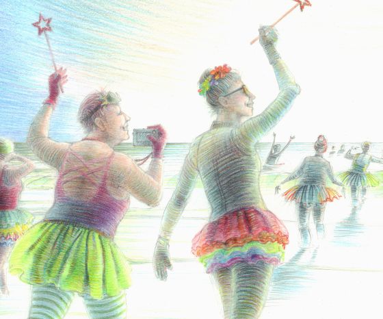 "Frills & Chills" drawing by Nancy Farmer. A swim at Poole inspired by World Tutu Day