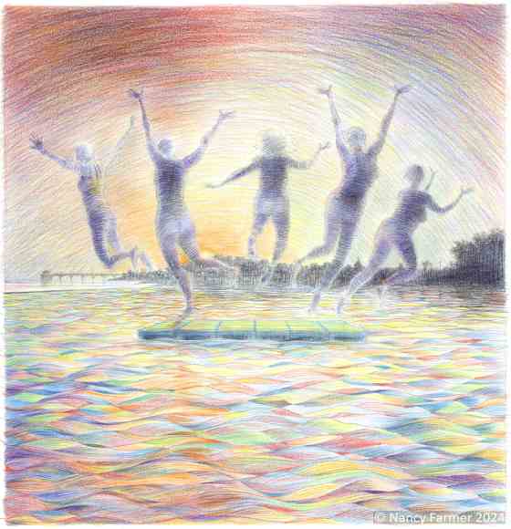 Solstice Skinny Dip - drawing by Nancy Farmer of 5 women jumping naked into Clevedon Marine Lake at sunrise